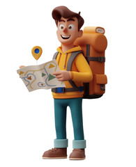 Smiling 3d character traveler holding a map with a location pin, planning a journey. isolated on transparent background