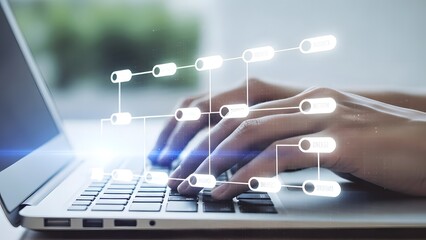 Hands typing on laptop with blockchain network visualization overlay