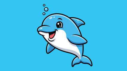 Obraz premium Happy Cartoon Blue Dolphin Swimming with Bubbles.