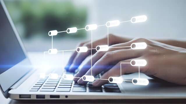 Hands typing on laptop with blockchain network visualization overlay - Powered by Adobe