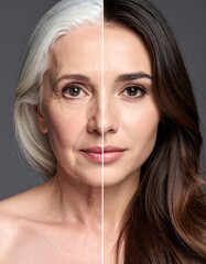 Split face portrait, aged vs youthful features, a comparison