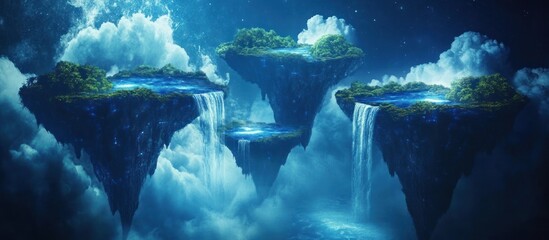 Floating islands with waterfalls, lush vegetation, and serene lakes under a night sky.