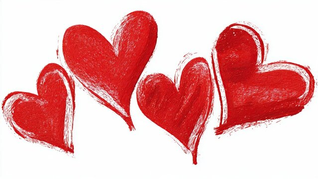 Four hand-painted red hearts on a white background, abstract art, Valentine's Day theme, love symbol