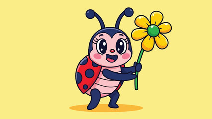 Happy cartoon ladybug with big eyes and red spotted wings holding a cheerful yellow daisy flower.