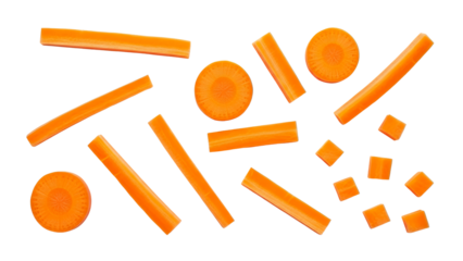 Orange carrot cuts, white background isolated