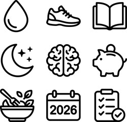 Healthy Lifestyle and Resolution Goals Line Icons