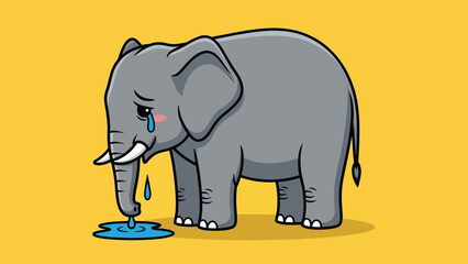 Fototapeta premium Sad cartoon elephant crying with tears forming a puddle.