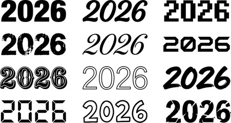 2026 Year Number in Twelve Different Font Styles Vector Set