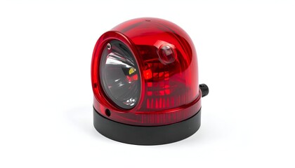 A close-up of a red, dome-shaped warning light with a black base, isolated on white