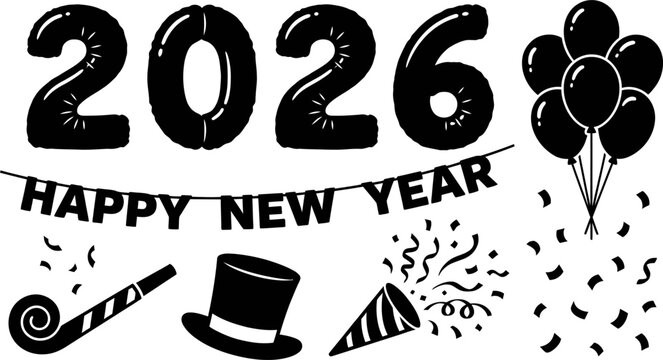 New Year 2026 Party Celebration Silhouettes Vector Set