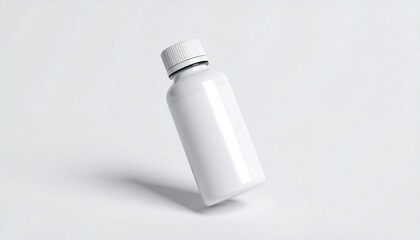 A 3D render of a blank, white bottle and cap, slightly tilted against a plain white background. The bottle is shiny