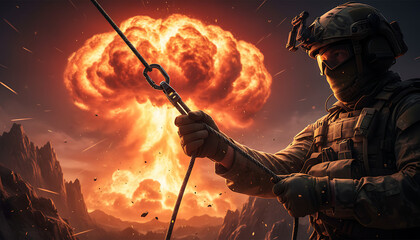 Brave soldier rappelling down cliffside with explosive background, showcasing courage