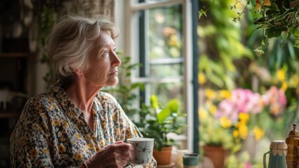 A smart senior woman enjoys a cup of tea, briefly looking out her window at her garden before returning to her intensive work - Powered by Adobe