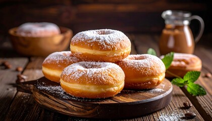 Stacked powdered sugar-dusted treats on a wood board