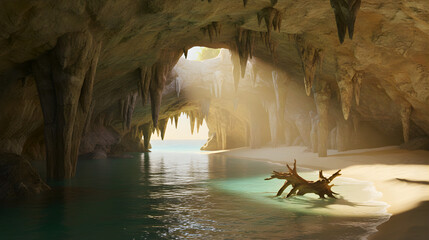 Breathtaking tropical sea cave with a pristine sandy beach, turquoise waters, and ethereal sunlight streaming through the entrance.