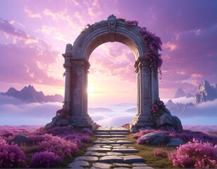 Stone archway blooming with flowers, facing a sunset over mountains
