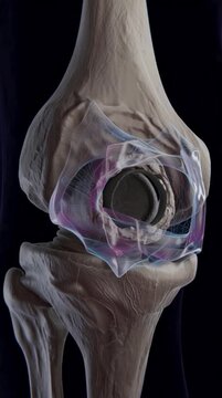 Knee joint model showing a total knee replacement implant, with bone structure and transparent cartilage.