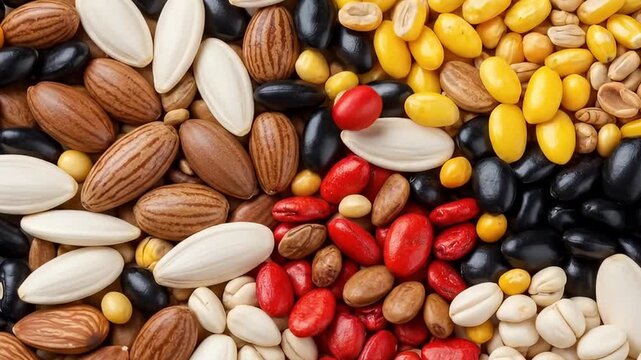 A vibrant, high-angle close-up showcases an eclectic mix of colorful seeds and legumes, creating a dynamic and textured background. The assortment features various types, including rich brown nuts, sl