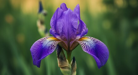 Vibrant Purple Iris Flower Blooming in a Lush Green Garden.