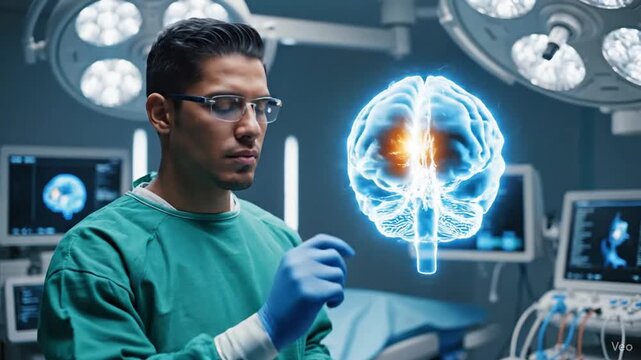 Medical professional analyzing brain scan in operating room.