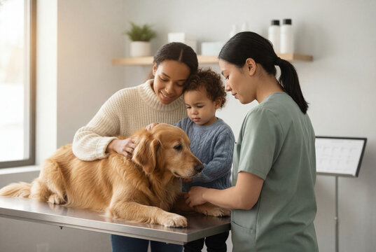 Family comforting their golden retriever during a vet check-up
