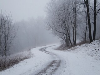 Fototapeta premium Winding snowy path through frosted trees in a misty landscape