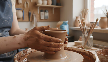 Crafting clay art, hands shaping earthen creation on spinning pottery wheel