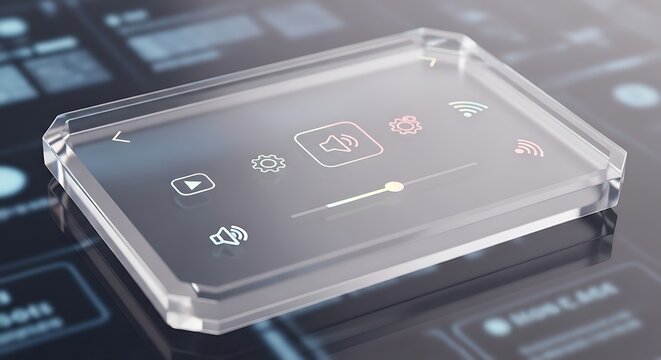 Futuristic transparent device with icons displayed on a modern digital interface