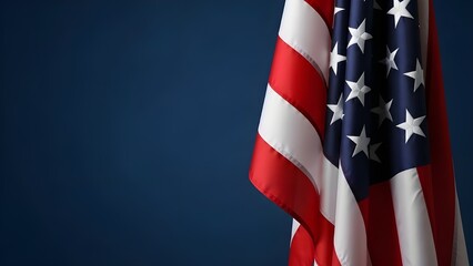 American flag close up on blue background with copy space