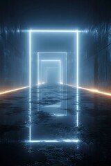 futuristic neon blue glowing lines and shapes in a dark room background. cyber space concept.