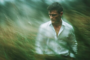 a handsome man in a white shirt, walking through waves of green grass, with a blurred background and a large aperture.