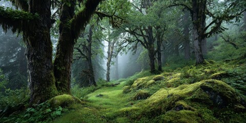 a mossy forest of old growth trees, mist in the air, moss covered ground