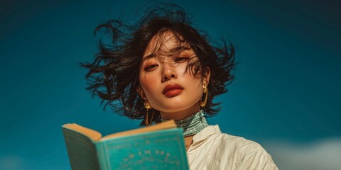 a photograph of an asian woman holding up and reading the cover of a turquoise book, her hair blowing in the wind, wearing a white shirt with jewelry on her neck, against a blue sky background.