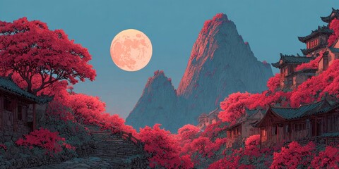 a pink mountain, with a full moon in the sky, ancient chinese buildings on both sides of the mountains, a river flowing through the houses and trees covered with red flowers