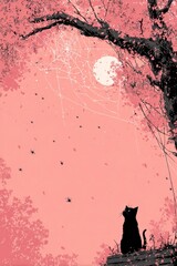 a pink sky with black spider webs, a black cat sitting on the branches of a tall oak tree and looking up at you, pink leaves falling around it