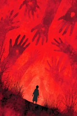 a red sky with shadowy silhouettes of large hands reaching out, a silhouetted figure looking up at them. the scene conveys tension and fear.