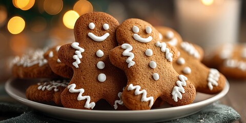 a plate of gingerbread cookies, decorated with white icing. small lines on the faces give them a smiling expression.blur bokeh light background