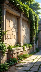 Sunny courtyard scene with aged stone walls and lush greenery