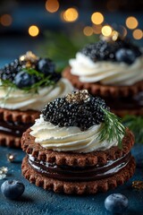 caviar on chocolate cookies with cream cheese, white background with bokeh lights