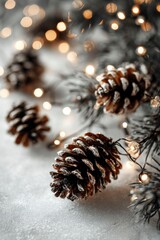 christmas background with pine cones and garland lights on a white surface, leaving space for text, in close-up.