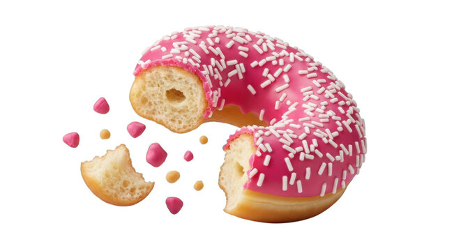 Donut with pink frosting and sprinkles with bites taken out of it on transparent background - Powered by Adobe