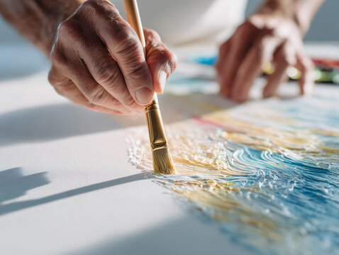Artist's hand brushing thick blue and yellow paint on canvas in soft studio light