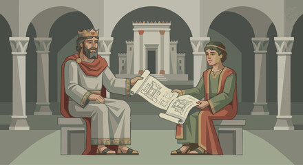 David’s Plans for the Temple
David handing temple blueprints to Solomon, stylized scroll shapes, geometric robes, muted stone palette, calm symmetrical layout. bible 