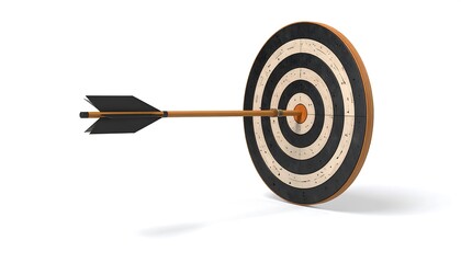 A 3D rendered target with a wooden arrow at its bullseye. The bullseye is in the center with a pattern of rings, sitting on a white background