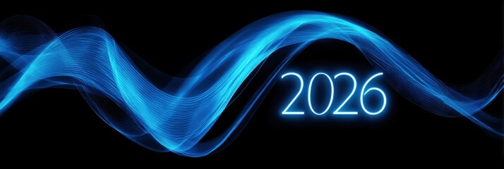 2026 futuristic tech with glowing blue digital waves on dark background. New year innovation design representing cyber network.