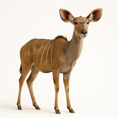 Fototapeta premium Female greater kudu antelope standing in three quarter view on pure white background