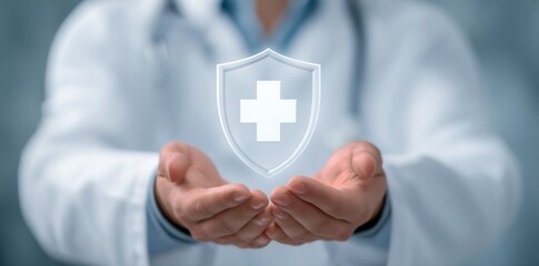 Doctor hands holding medical shield with cross symbol representing healthcare protection and safety. Physician health defense.