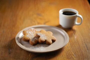 Gingerbread Cookies with Coffee on Wooden Table