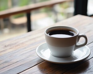 Obraz premium A cup of dark coffee on a wooden table, with a blurred outdoor view