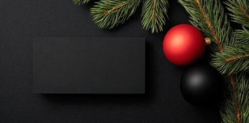 Christmas flat lay with green pine branches, red and black baubles, blank card on black background for holiday decoration.